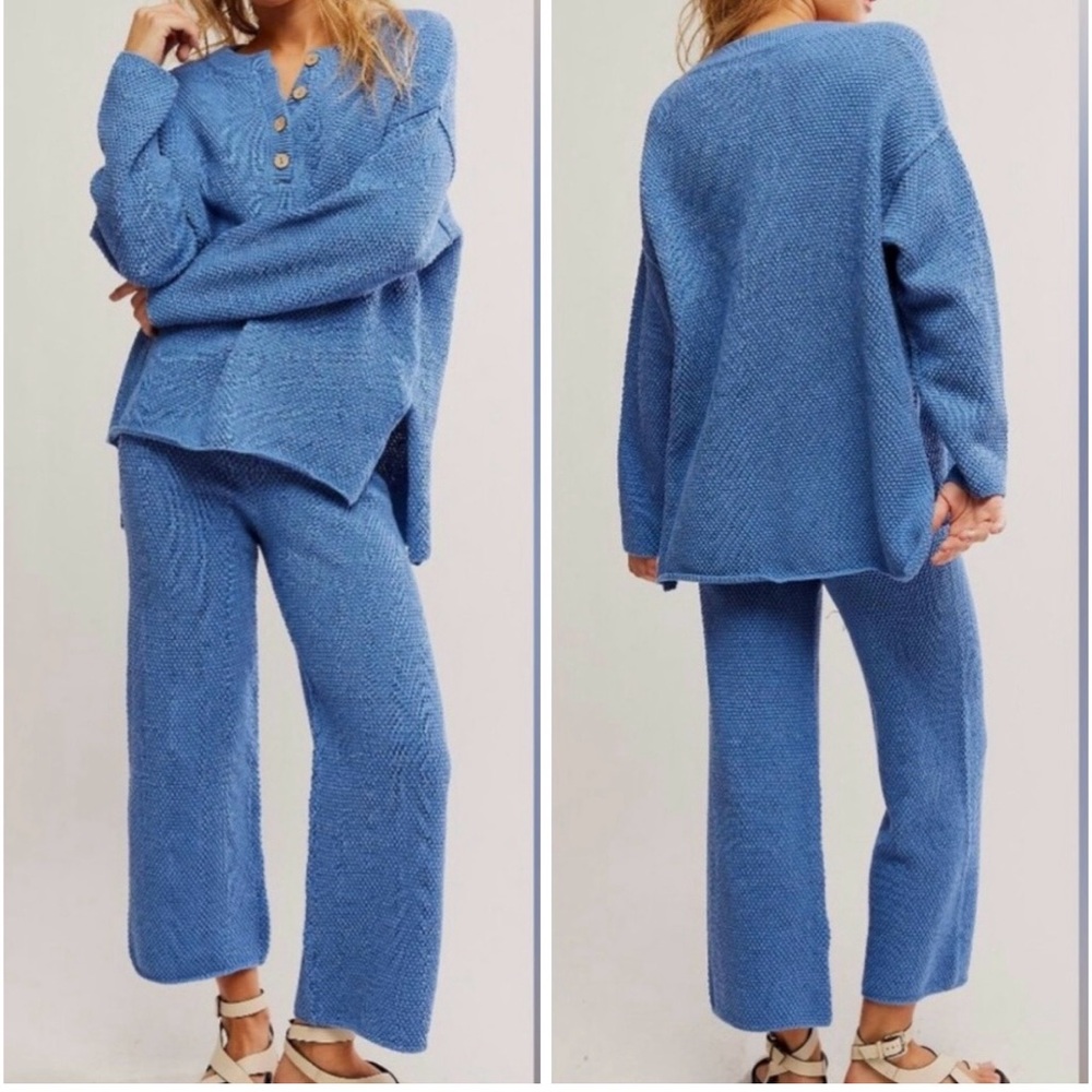 Free People Hailey Blue Knit Two-Piece Lounge Set